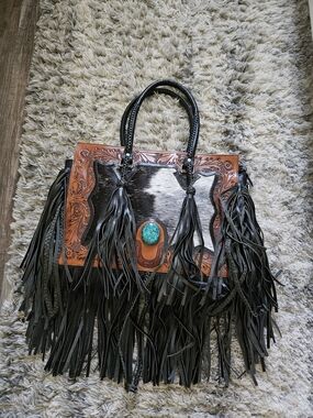 Fringed Western Crossbody Bag with Turquoise Accent - Black & Brown